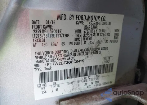 2016 Ford F-250 Xlt из США, поврежденный, VIN 1FT7W2BT2GEC04151